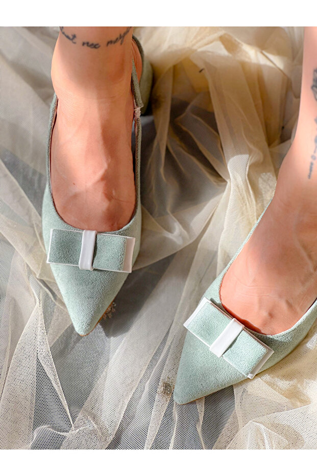 PARİ WATER GREEN CALF SUEDE RIBBON HEELED SHOES SANDALS