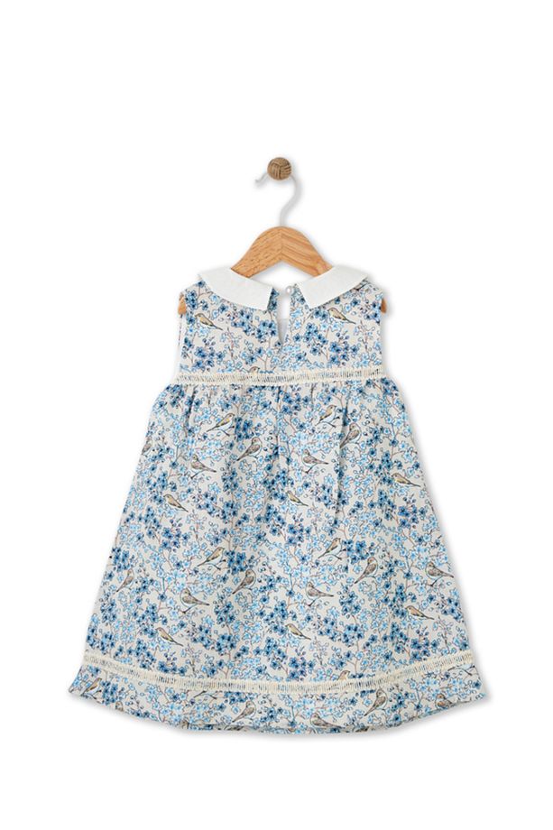 Bloomy Spring Desenli Motif İşlemeli Mavi Elbise - 5