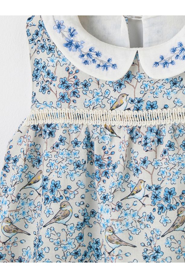 Bloomy Spring Desenli Motif İşlemeli Mavi Elbise - 4
