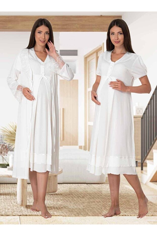 Effort Women's Ecru Lace Dressing Gown Set of 2 Maternity Maternity Nightgown Set