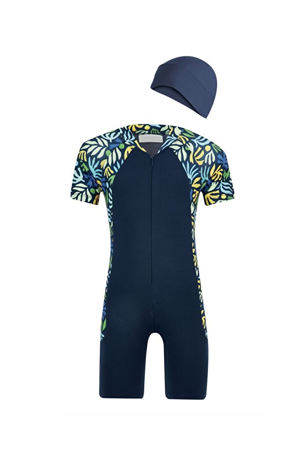 Overalls Short Sleeve Kids Swimmer Swimsuit with Shorts Mateo 8347 Light Navy Blue