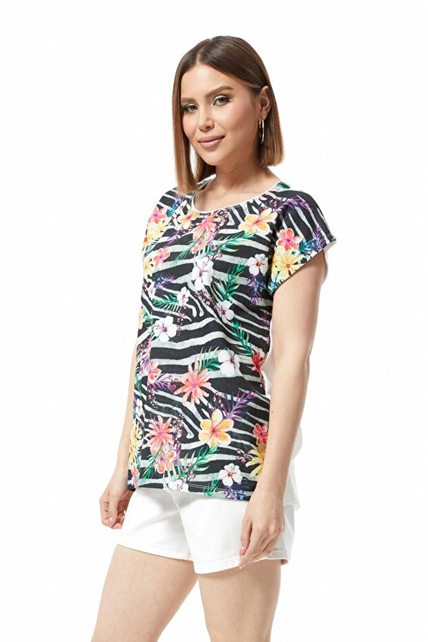 Çiçek Desenli Tshirt Tişört - 4