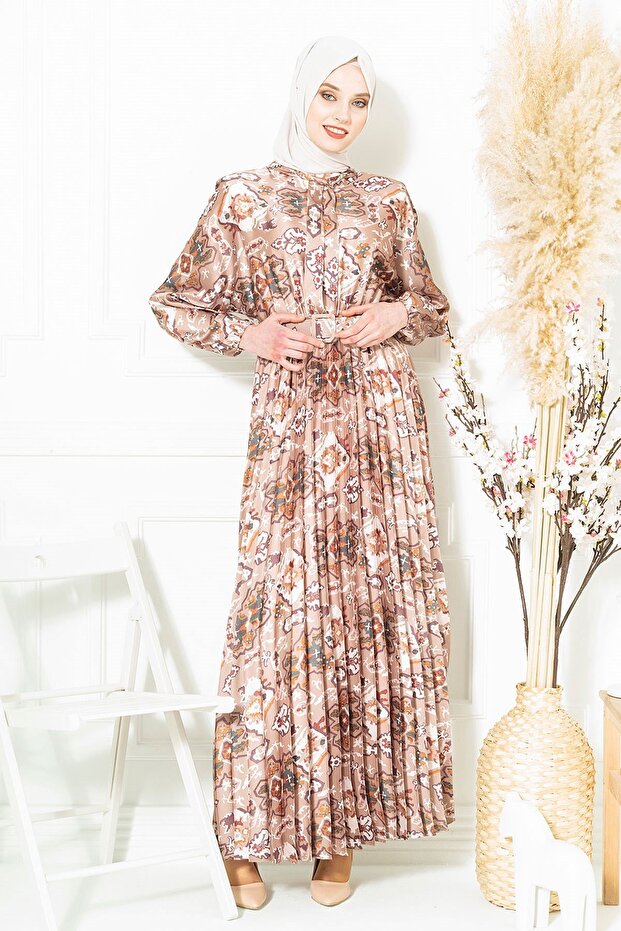 Büklüm Düğmeli Kemerli Kahve Tesettür Elbise 5364 - 1