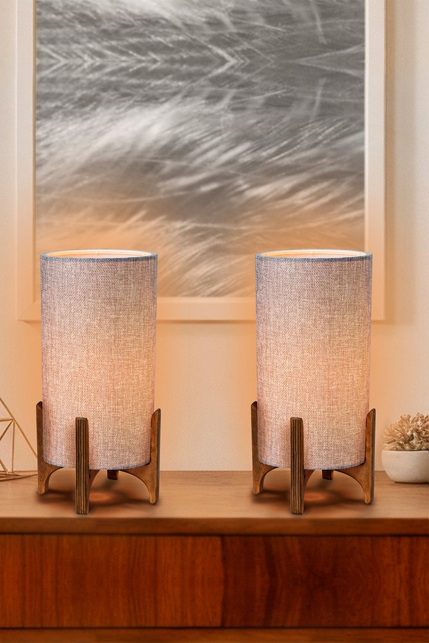 2-Piece Wooden Lampshade Gray Modern Stylish Bedroom Living Room Table Lamp