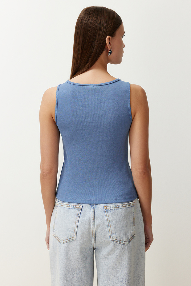 Indigo Düğmeli Fitted/Vücuda Oturan Fitilli Esnek Örme Bluz TWOSS24BZ00306 - 6
