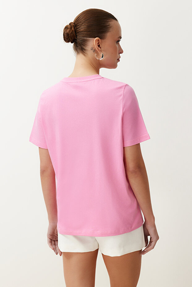 Pembe %100 Pamuk Yıldız Baskılı Regular/Normal Kalıp Bisiklet Yaka Örme T-Shirt TWOSS24TS00095 - 6