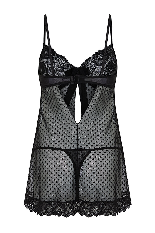 Siyah Puantiyeli ve Kurdele/Fiyonklu Dantel Külotlu Örme Babydoll/Fantezi Gecelik THMSS24LL00006 - 8
