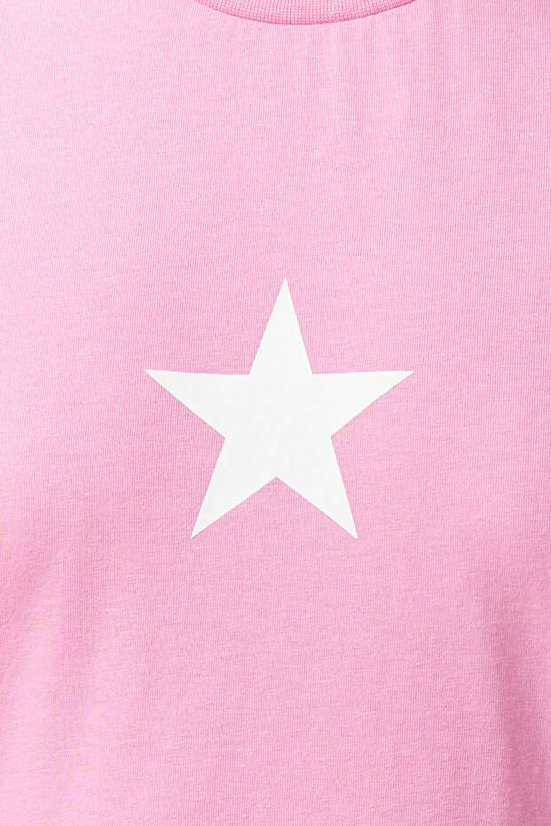 Pembe %100 Pamuk Yıldız Baskılı Regular/Normal Kalıp Bisiklet Yaka Örme T-Shirt TWOSS24TS00095 - 4