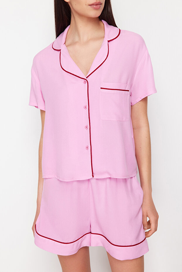 Pembe Biye Detaylı Viskon Şortlu Dokuma Pijama Takımı THMSS24PT00051 - 4