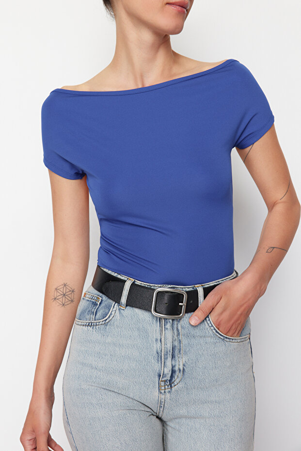 Cobalt Blue Back Low-cut Knitted T-Shirt TEDSS24TS00018