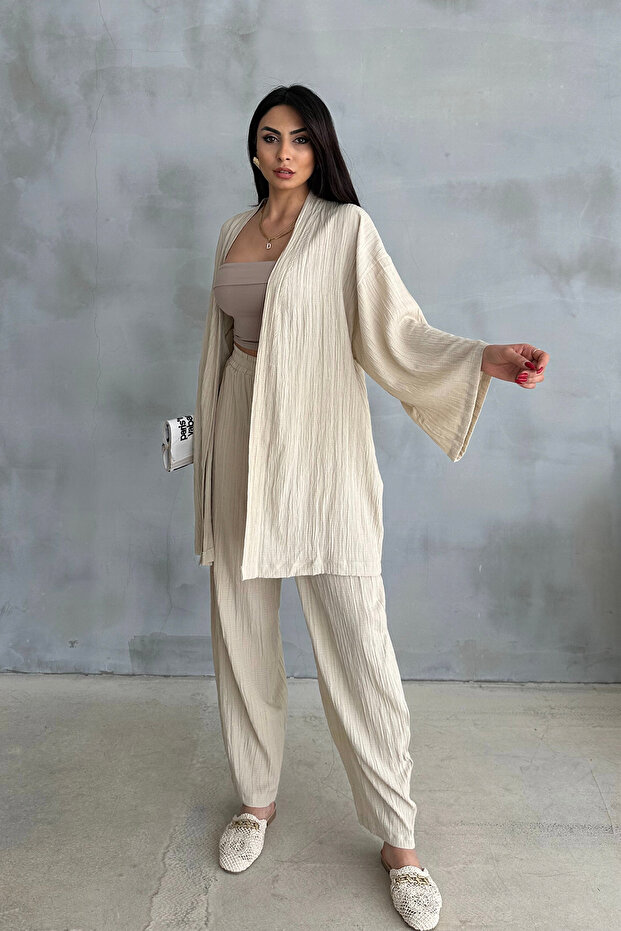 Beige Seersucker Kimono Set