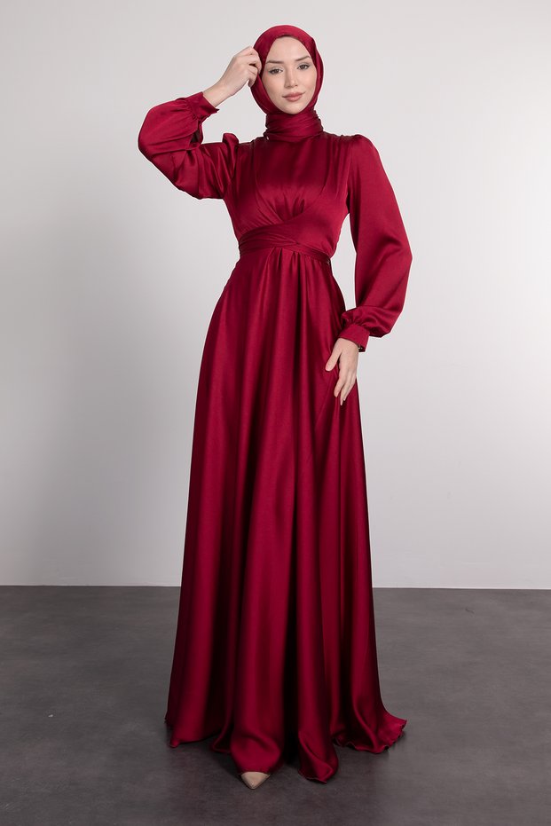 Crossed Collar Waist Tied Hijab Evening Dress