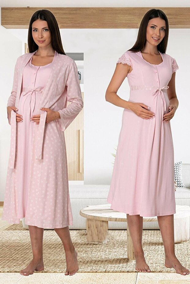 Effort Women's Pink Patterned Buttoned Dressing Gown Set of 2 Maternity Maternity Nightgown Set
