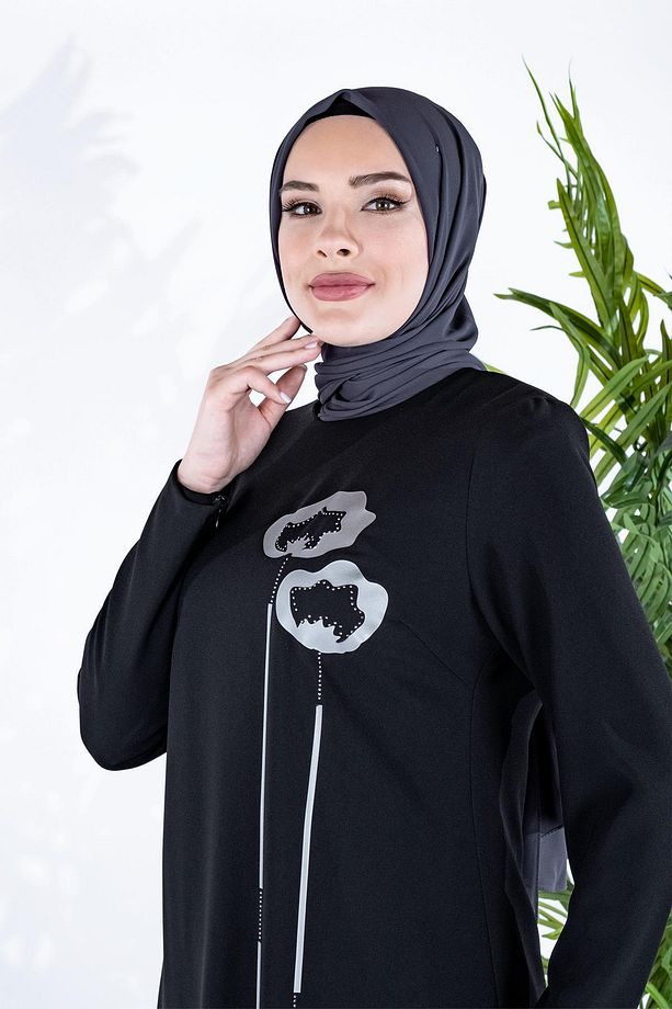 Ahlat Önü Çiçek Desen Fleksi Baskılı Siyah Tesettür Elbise 5469 - 4