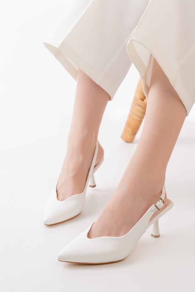 White Leather Open Back Corner Women's Stiletto Summer Stylish Casual Premium V Model (7 CM)
