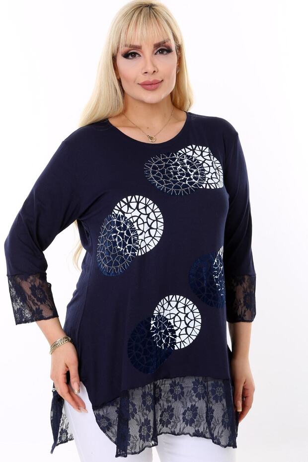 Round Neck Sleeve End and Lace Skirt Long Sleeve Comfortable and Loose Cut Stone Printed and Patterned Blouse on the Front