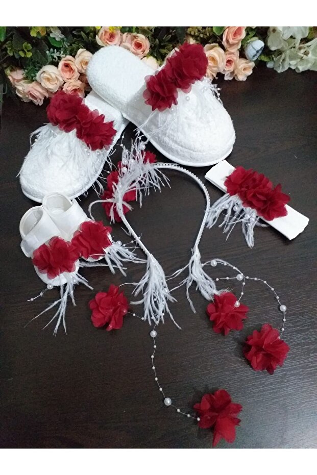 Red Pearl Stoned Floral Maternity Crown, Slippers, Bandana, Baby Booties Set