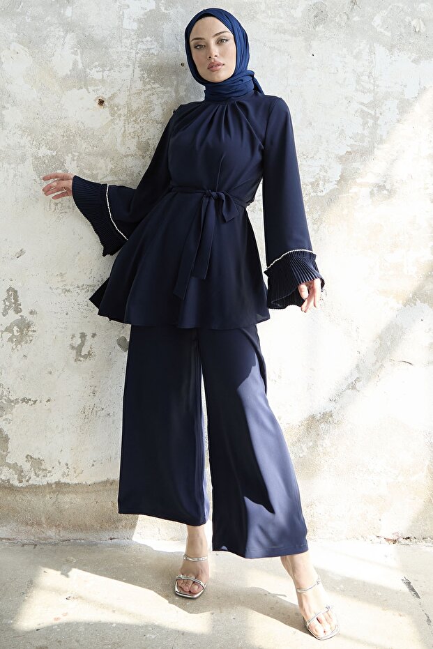 Pleated Sleeve Belted Double Set - Navy Blue