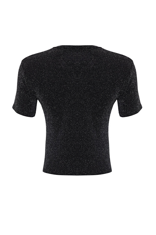 Siyah Parlak/Simli Regular/Normal Kesim Örme T-Shirt TWOSS24TS00259 - 8