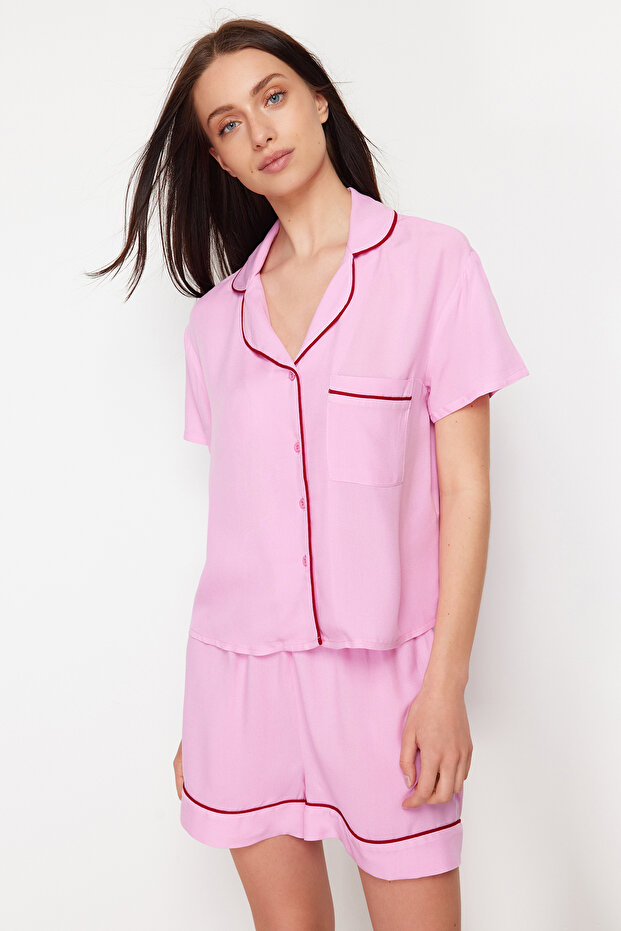 Pembe Biye Detaylı Viskon Şortlu Dokuma Pijama Takımı THMSS24PT00051 - 2