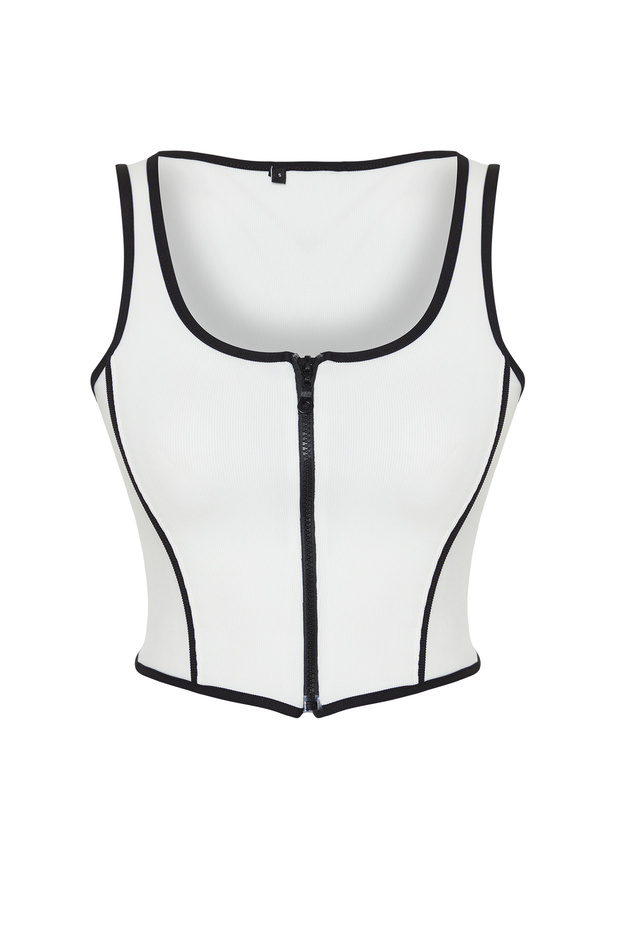 Beyaz Fermuarlı Fitilli Esnek Crop Örme Atlet TWOSS24AL00062 - 7