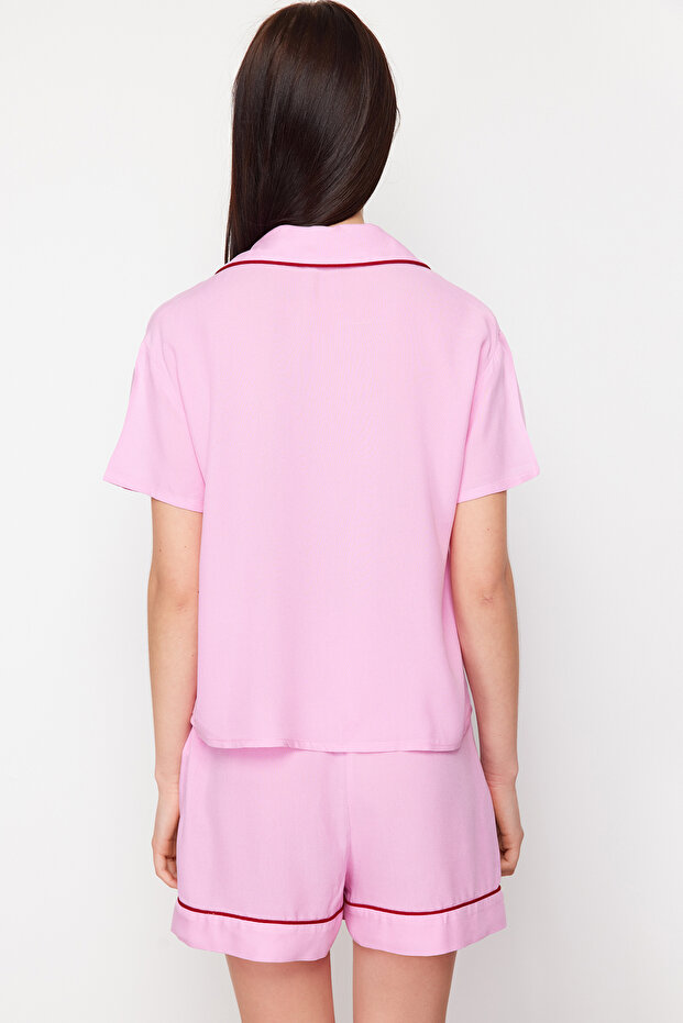 Pembe Biye Detaylı Viskon Şortlu Dokuma Pijama Takımı THMSS24PT00051 - 6