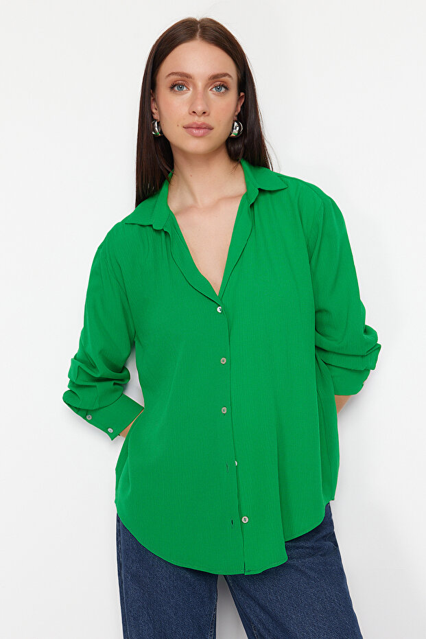 Yeşil Basic Oversize Geniş Kalıp Dokuma Gömlek TWOAW24GO00207