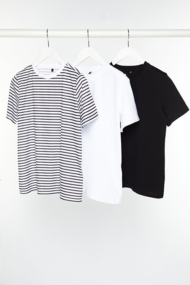 Siyah-Beyaz-Siyah Çizgili 3'lü Paket Basic Bisiklet Yaka Örme T-Shirt TWOSS20TS0146 - 1