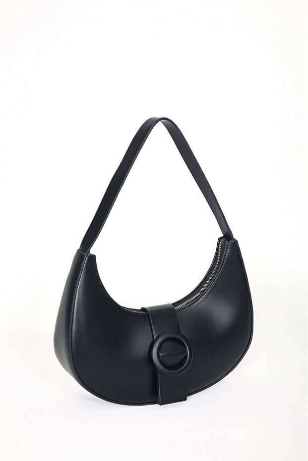 Women's Matte Black Buckle Detailed Hand and Shoulder Bag