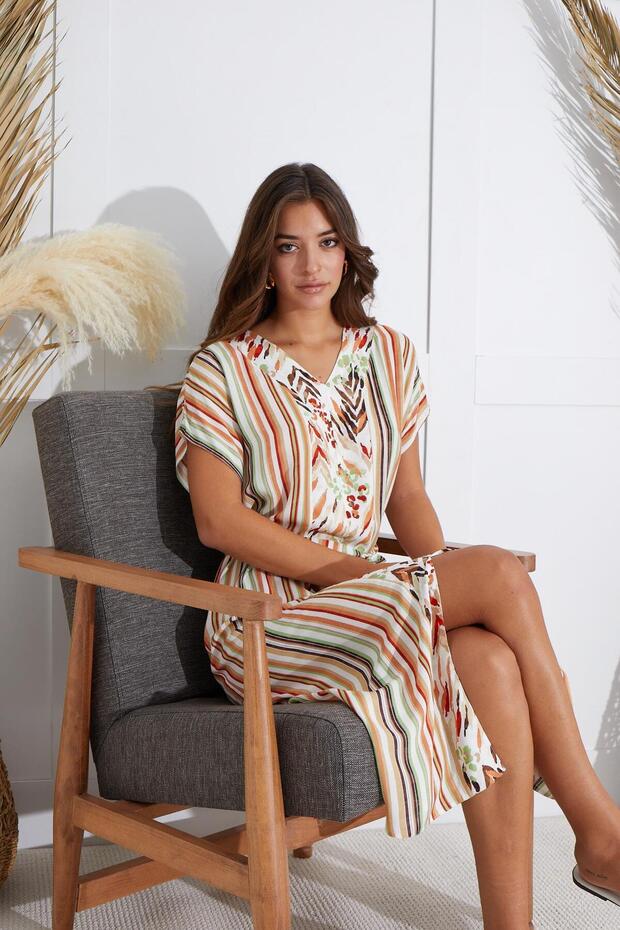 Women's Short Sleeve Striped Dress C4T3N5O51