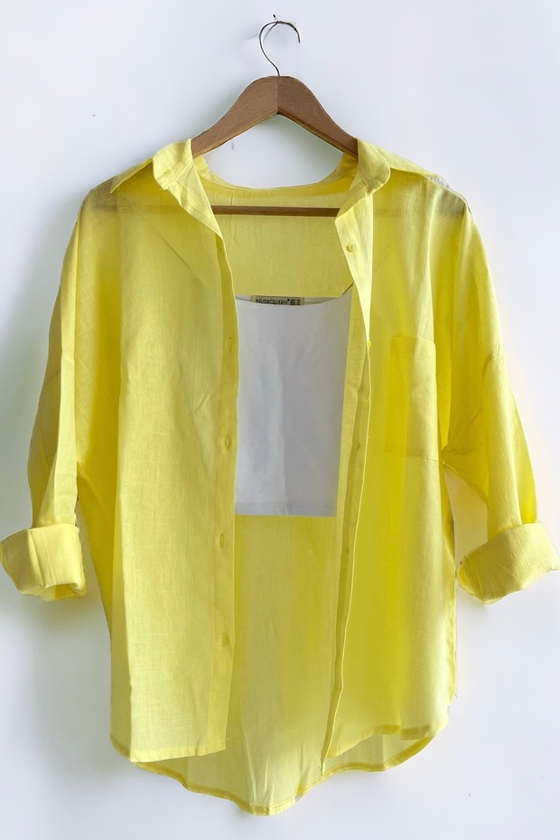 Oversize Linen Textured 100% Cotton Single Pocket Loose Shirt KGT-KU3435