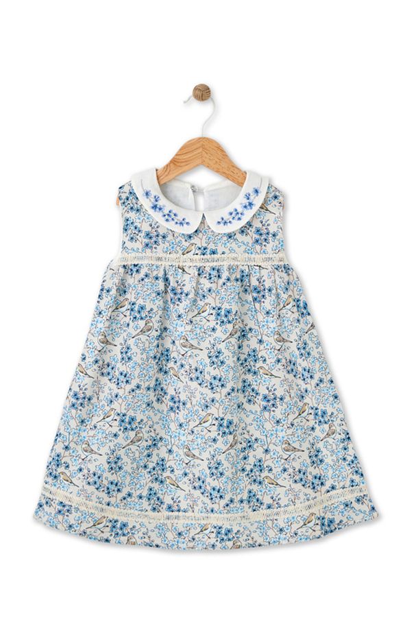 Bloomy Spring Desenli Motif İşlemeli Mavi Elbise - 3