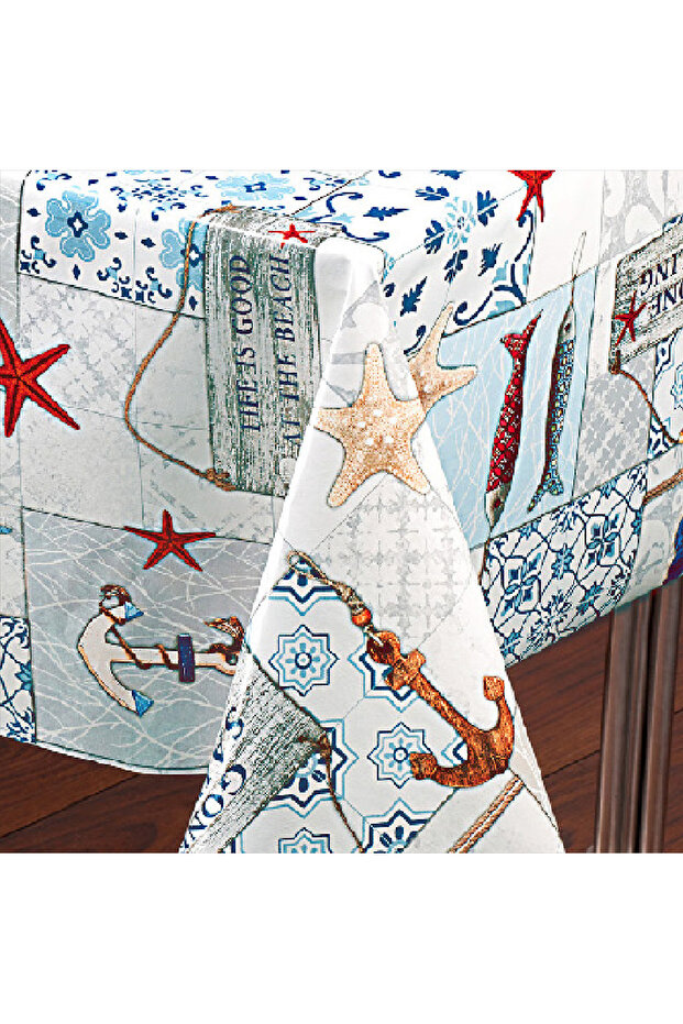 100x140cm Fiber Lined PVC Tablecloth - Wipeable, Liquid Proof and Stain Resistant Sea Marine