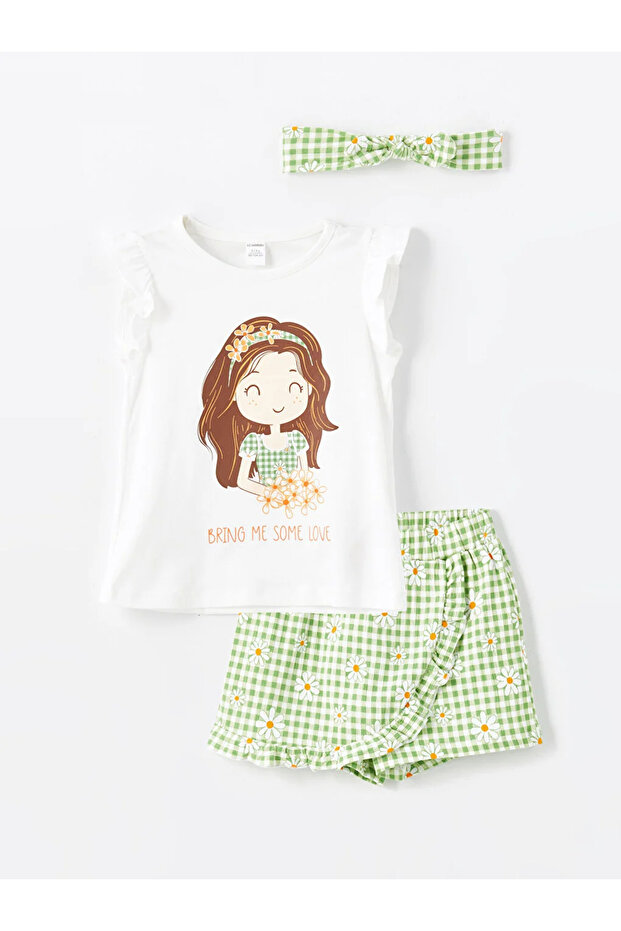 LCW baby Bisiklet Yaka Kısa Kollu Baskılı Kız Bebek Tişört ve Şort Etek 2'li Takım Mrglobal - 1