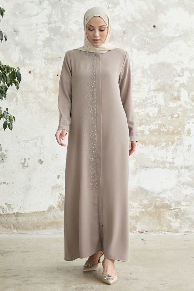 Ferace with Stone Embroidery on the Right Side - Beige