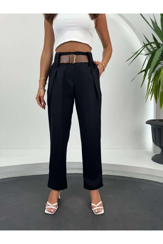 Women's Black Elastic Waist Belt Detailed Design Palazzo Trousers 80109