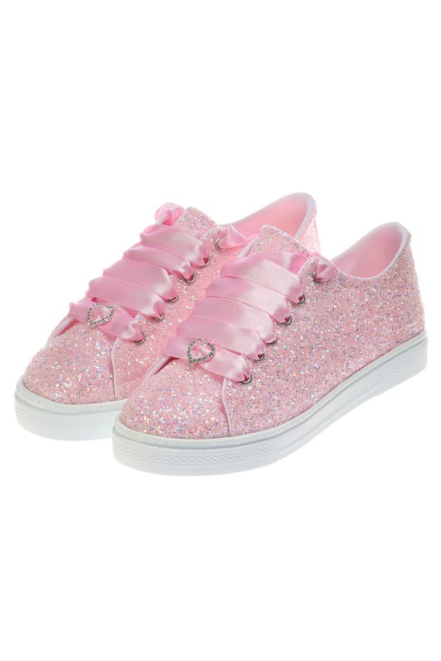 Pink Sparkle Satin Lace-Up Women's Sports Shoes Suitable for Daily Use