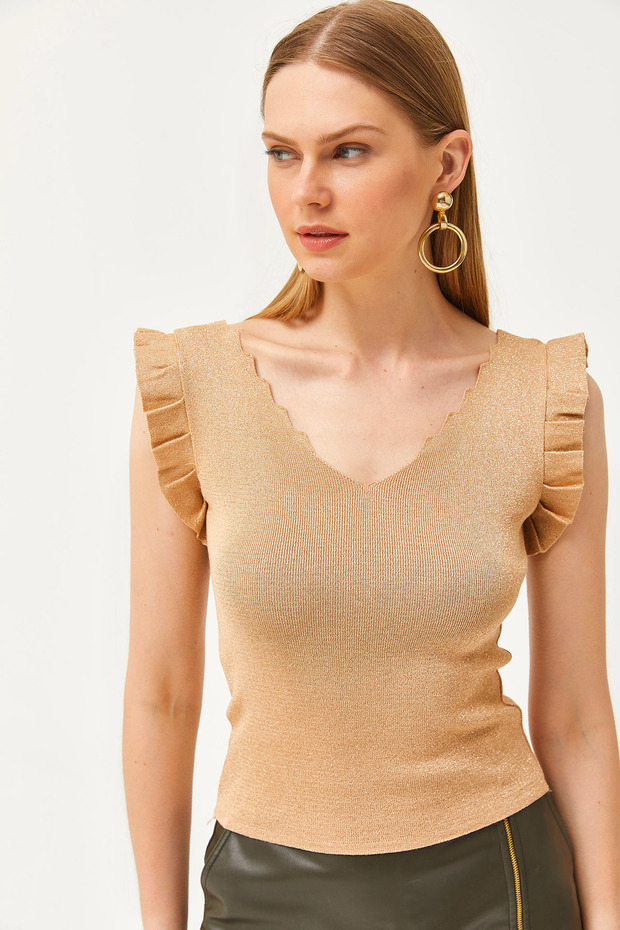 Women's Camel Ladder Collar Sleeve Frilly Glitter Knitwear Blouse BLZ-19002605
