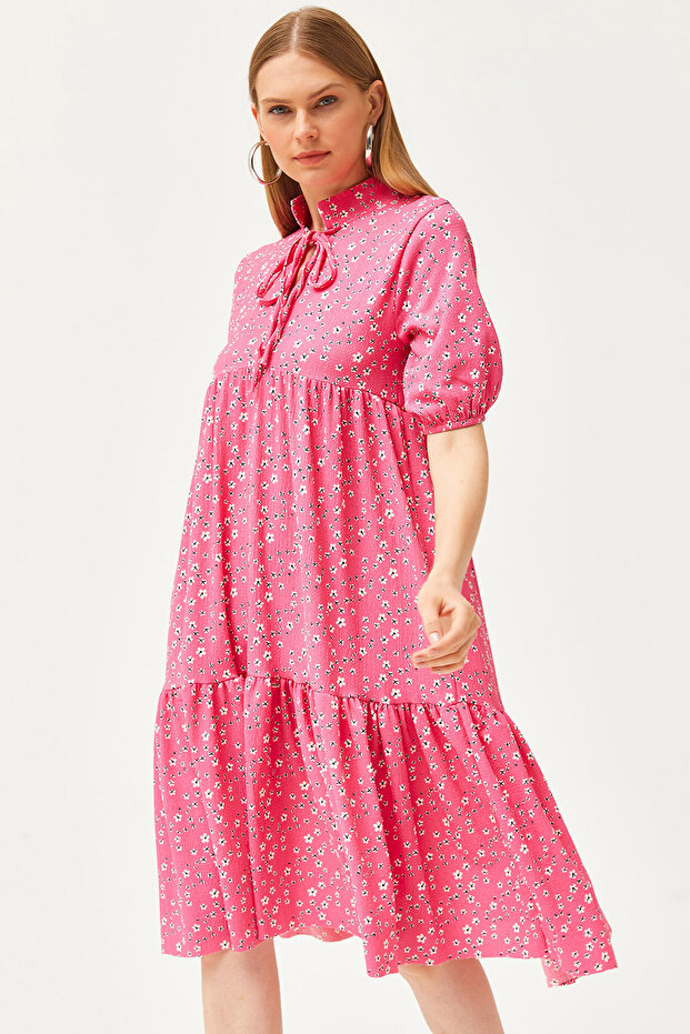 Women's Pink Collar Lace-up Piece Dress ELB-19002134