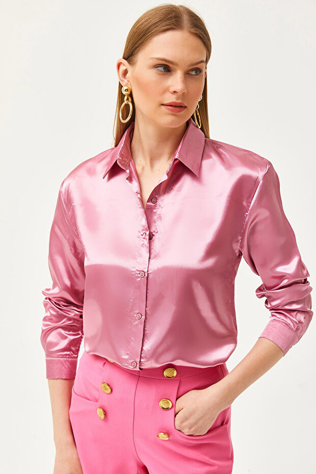 Women's Candy Pink Shiny Satin Surface Woven Shirt GML-19001195