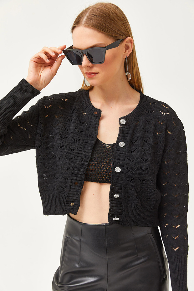 Women's Black Inner Bustier Top Openwork Cardigan Knitwear Set TKM-19000287