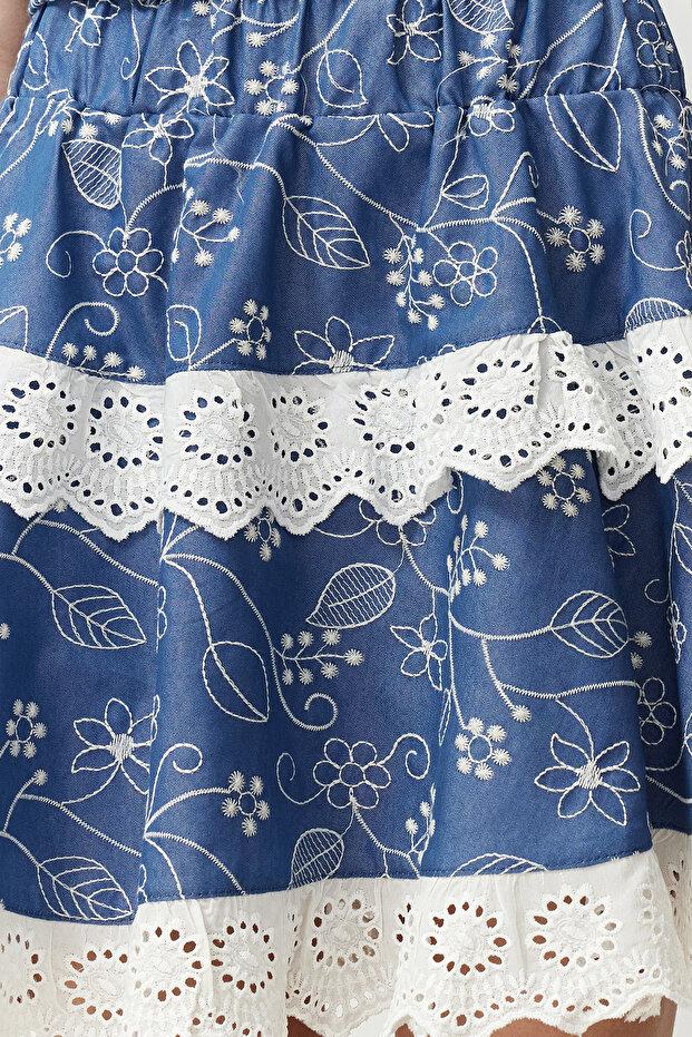 Mavi Dantel Detaylı Fırfırlı Volanlı Mini Boy Dokuma Etek TWOSS24ET00182 - 4