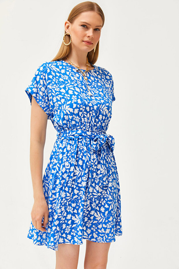 Women's Cobalt Blue Belted Crew Neck Bat Woven Dress ELB-19002129