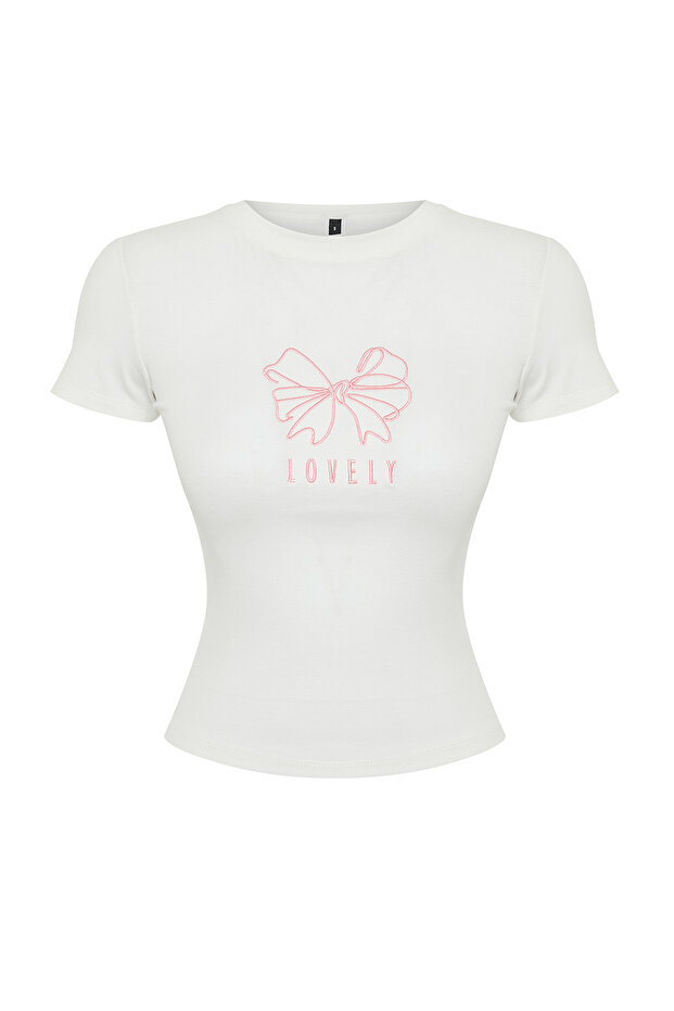 Ekru Kurdele Baskılı Fitted/Vücuda Oturan Fitilli Esnek Örme T-Shirt TWOSS24TS00231 - 7