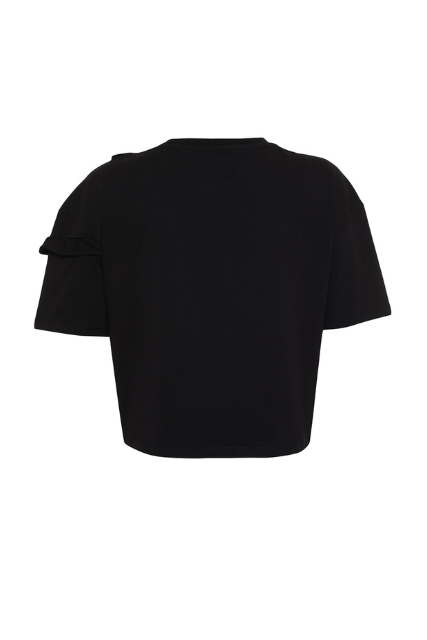Siyah %100 Kalın Pamuklu Fırfır Detaylı Relaxed/Rahat Kalıp Kısa Kollu Örme T-Shirt TWOSS24TS00232 - 8