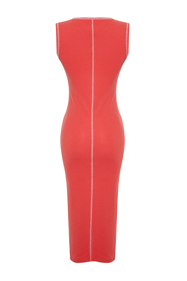 Nar Çiçeği Fitted/Vücuda Oturan Karyoka Dikiş Detaylı Fitilli Esnek Örme Midi Elbise TWOSS24EL00884 - 8