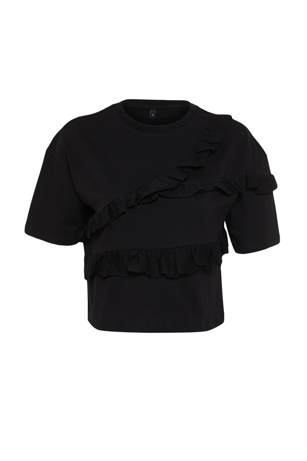 Siyah %100 Kalın Pamuklu Fırfır Detaylı Relaxed/Rahat Kalıp Kısa Kollu Örme T-Shirt TWOSS24TS00232 - 7