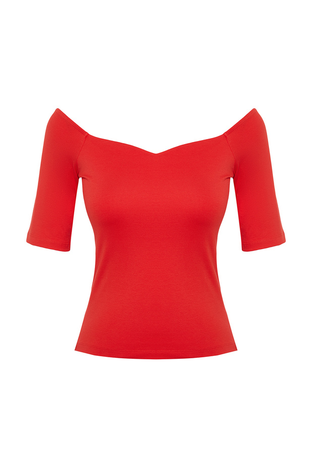 Nar Çiçeği Kalp Yaka Kısa Kollu Regular/Normal Kalıp Bluz TWOSS24BZ00561 - 7