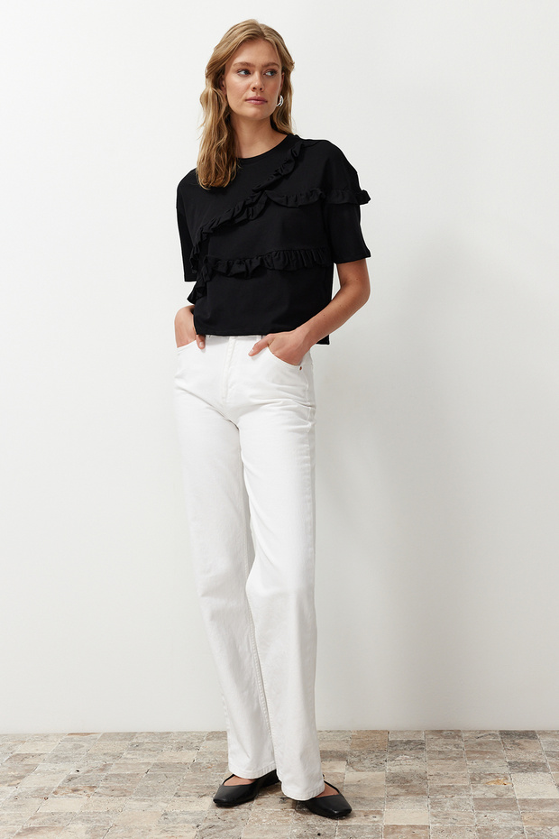 Siyah %100 Kalın Pamuklu Fırfır Detaylı Relaxed/Rahat Kalıp Kısa Kollu Örme T-Shirt TWOSS24TS00232 - 3