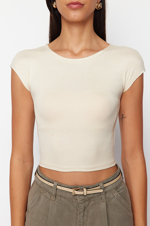 Taş Bisiklet Yaka Ay Kol Fitted/Vücuda Oturan Crop Örme Bluz TWOSS24BZ00446 - 4